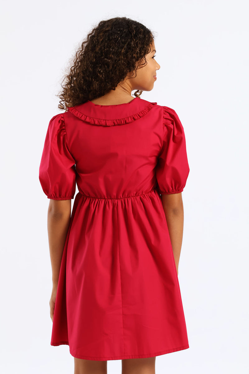Girls Peterpan Puff Sleeve Dress - Cerise