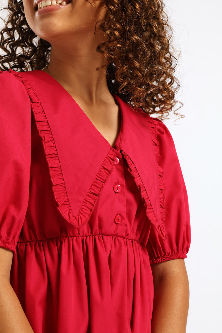 Girls Peterpan Puff Sleeve Dress - Cerise