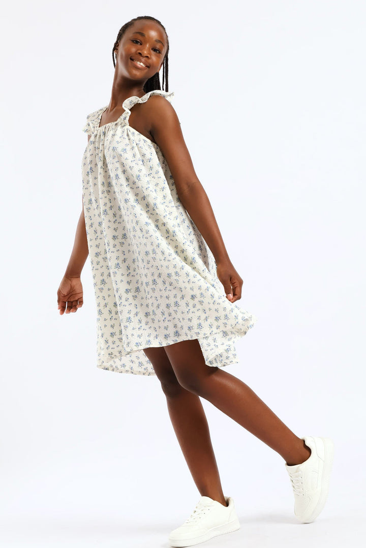 Girls Micro Floral Frill Straps Midi Dress - White
