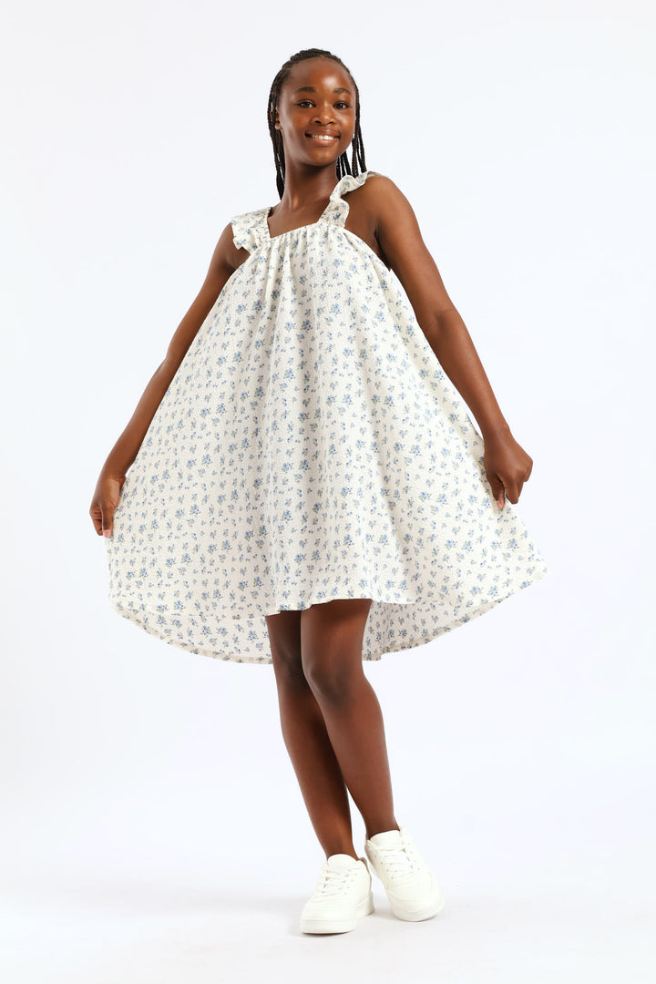 Girls Micro Floral Frill Straps Midi Dress - White
