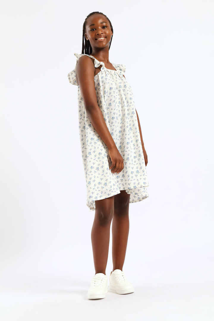 Girls Micro Floral Frill Straps Midi Dress - White