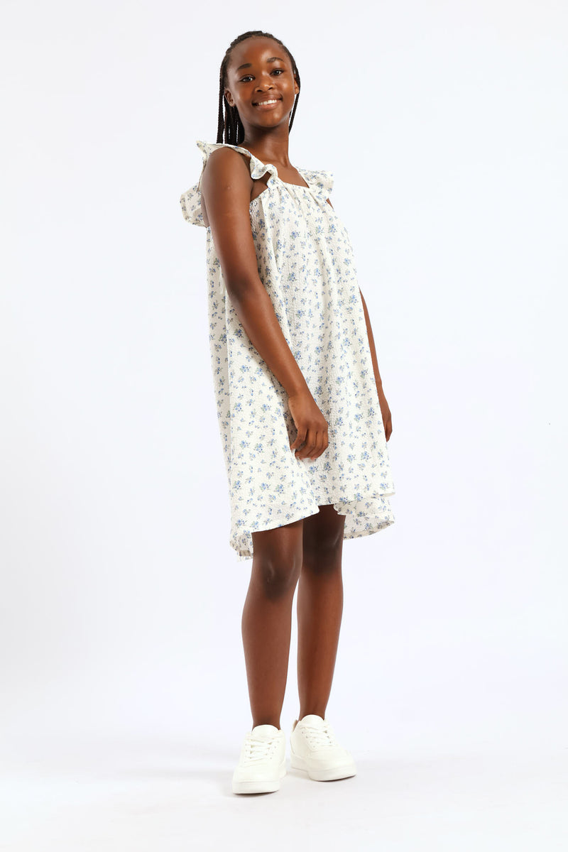 Girls Micro Floral Frill Straps Midi Dress - White