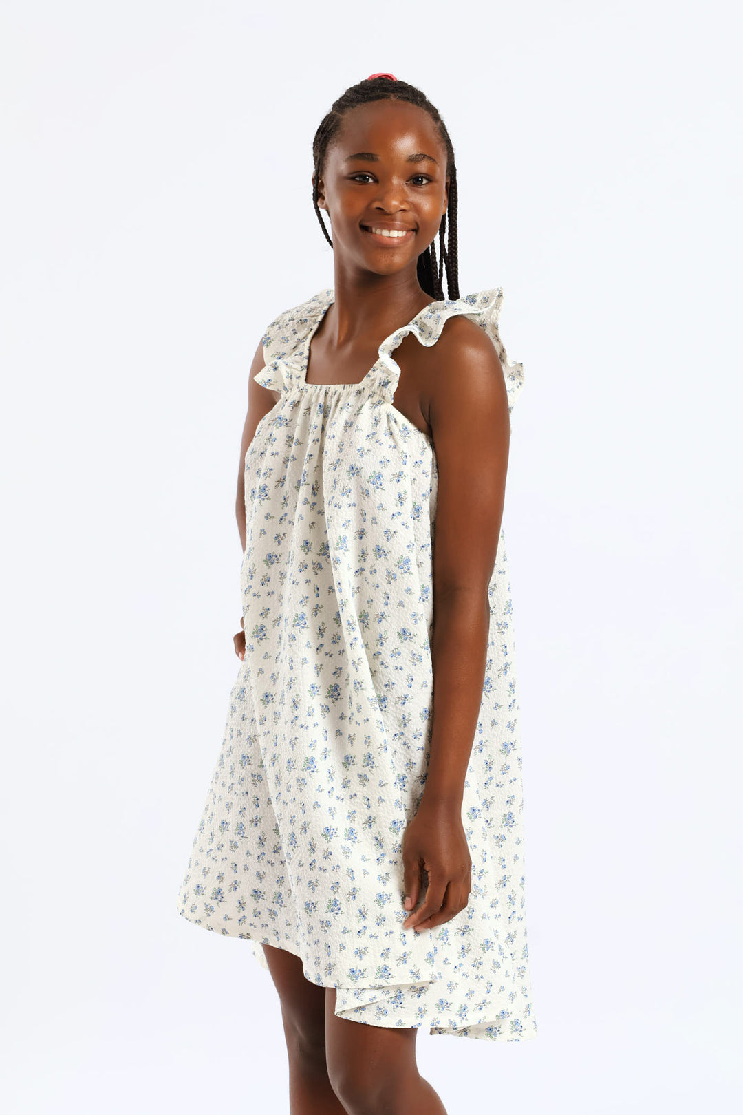 Girls Micro Floral Frill Straps Midi Dress - White