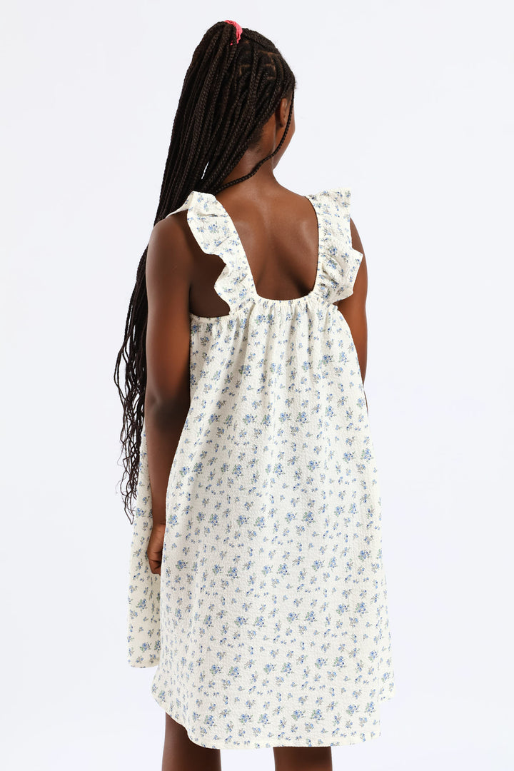 Girls Micro Floral Frill Straps Midi Dress - White