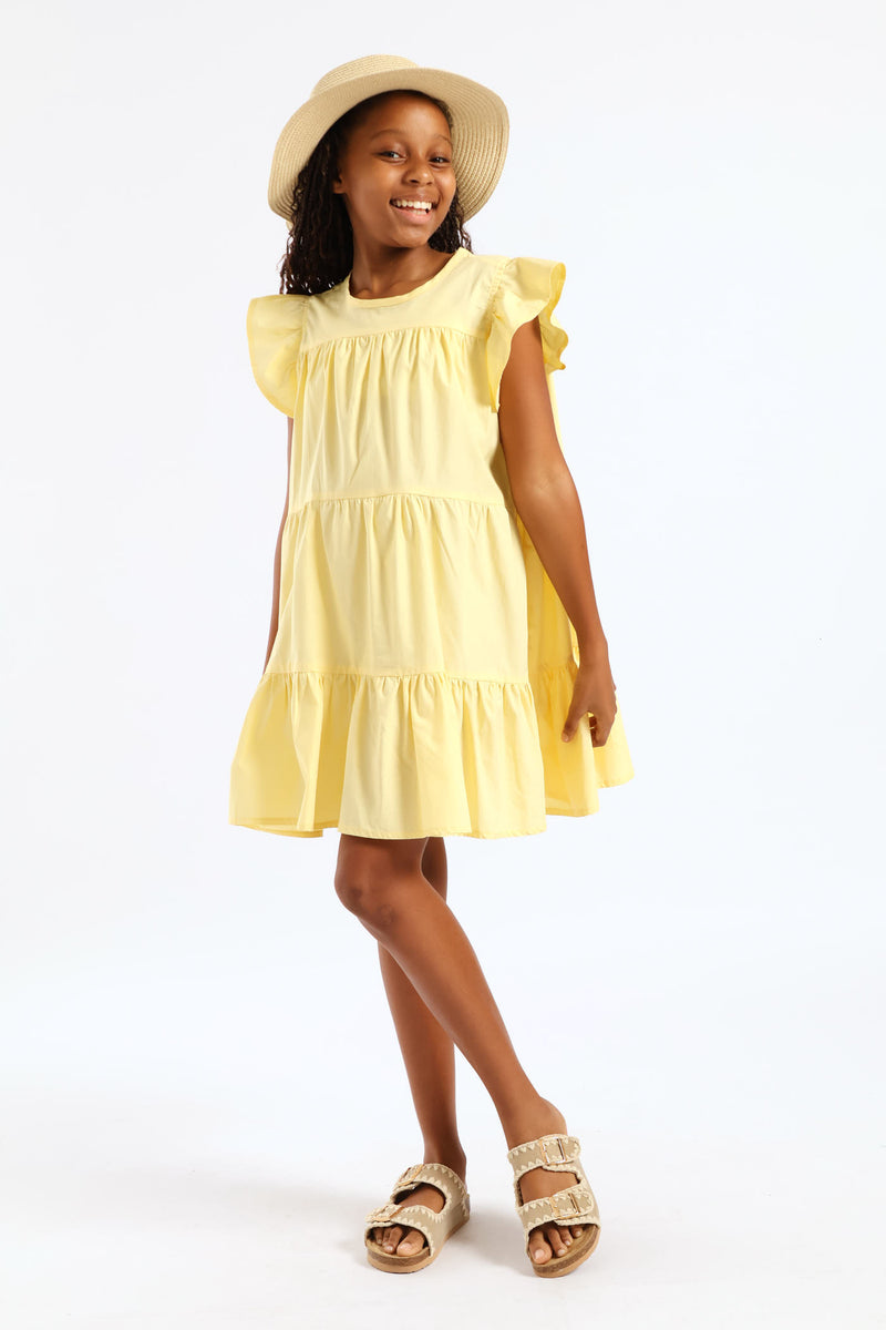 Girls Volume Tiered Poplin Dress - Yellow