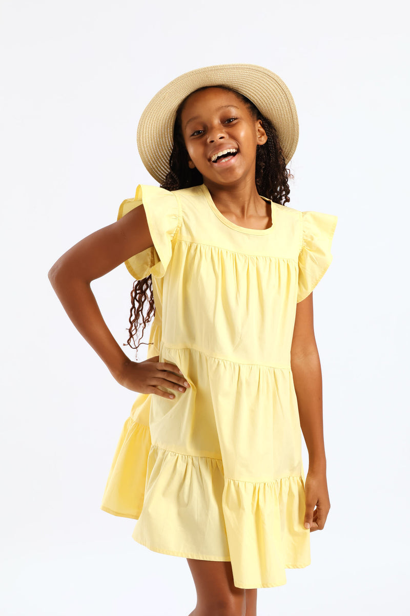 Girls Volume Tiered Poplin Dress - Yellow