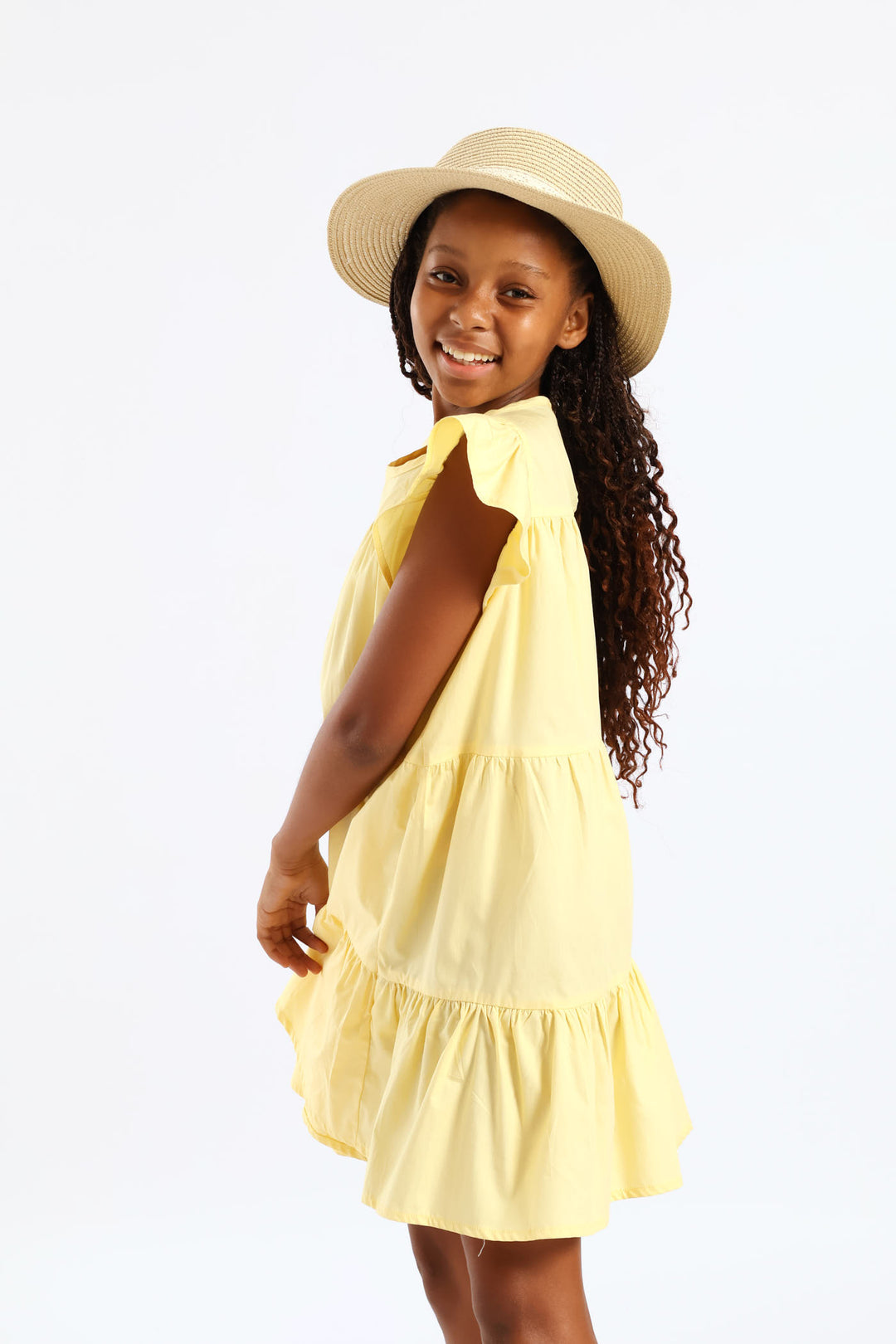 Girls Volume Tiered Poplin Dress - Yellow