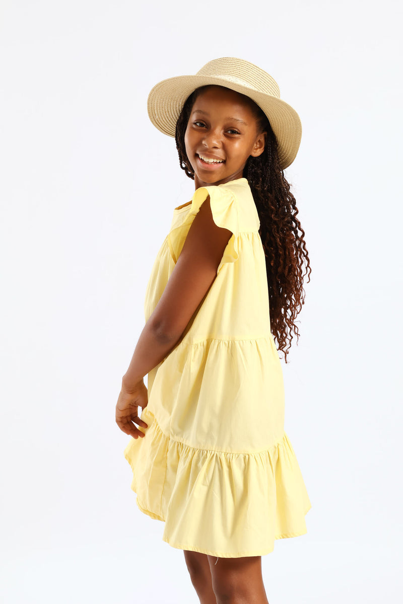 Girls Volume Tiered Poplin Dress - Yellow