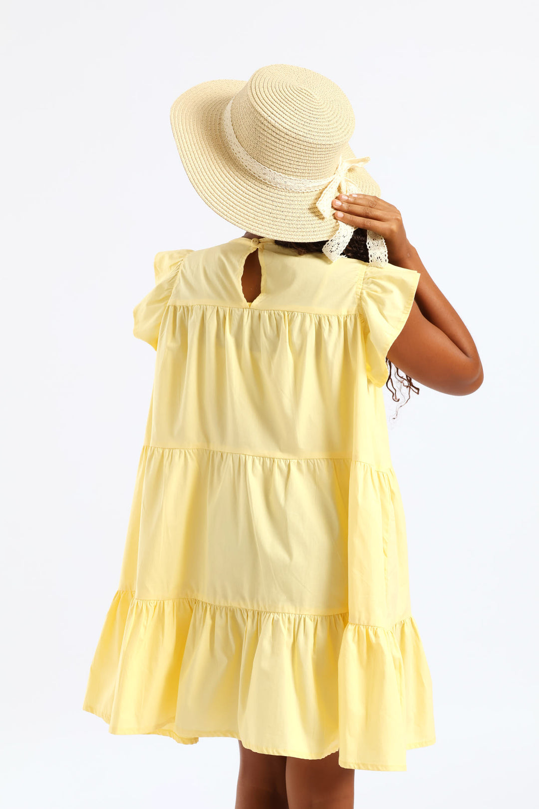 Girls Volume Tiered Poplin Dress - Yellow