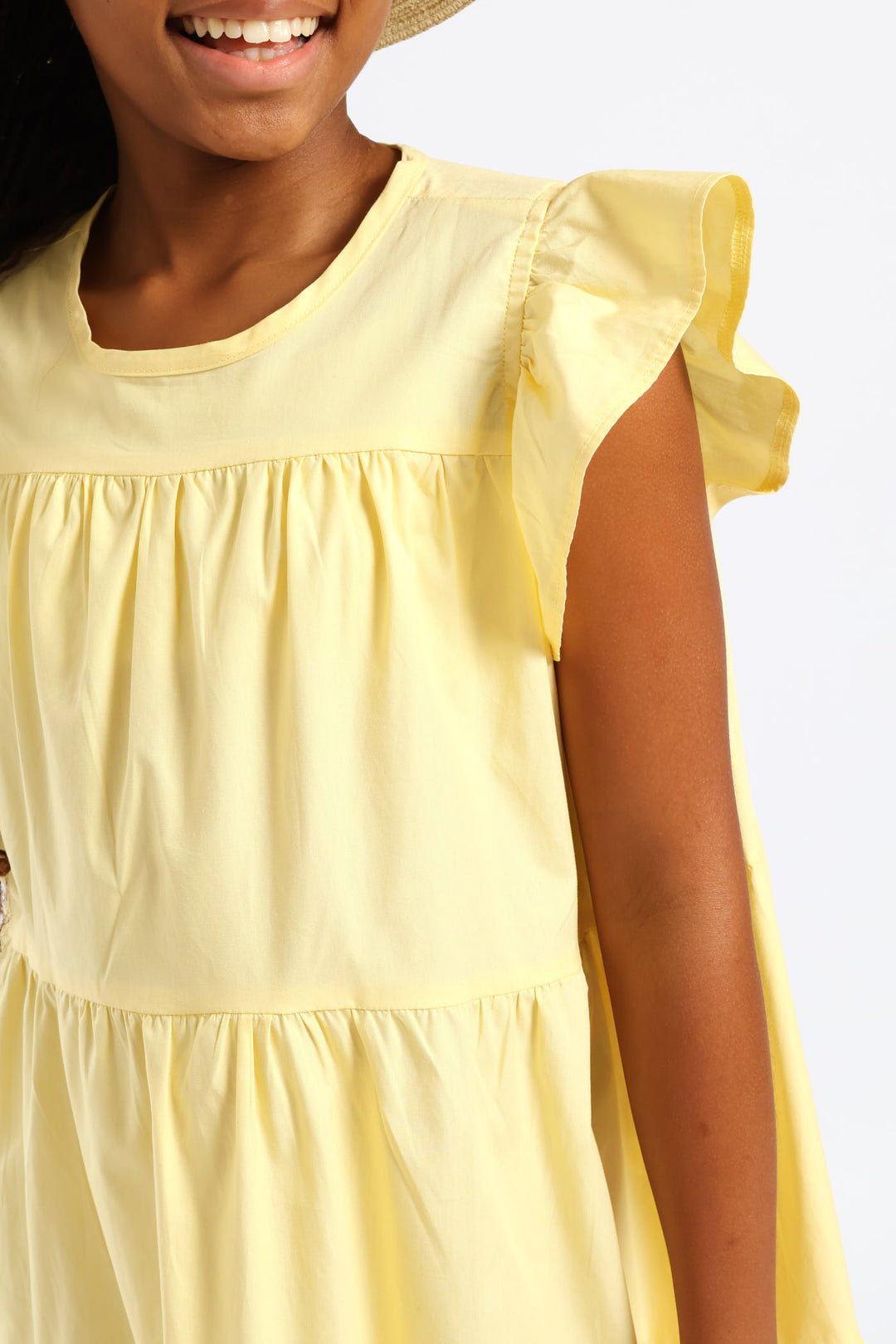 Girls Volume Tiered Poplin Dress - Yellow