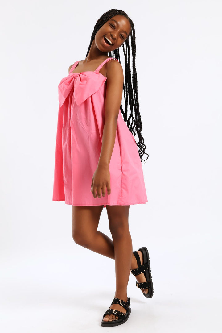 Girls Bow Front Strap Shift Dress - Pink