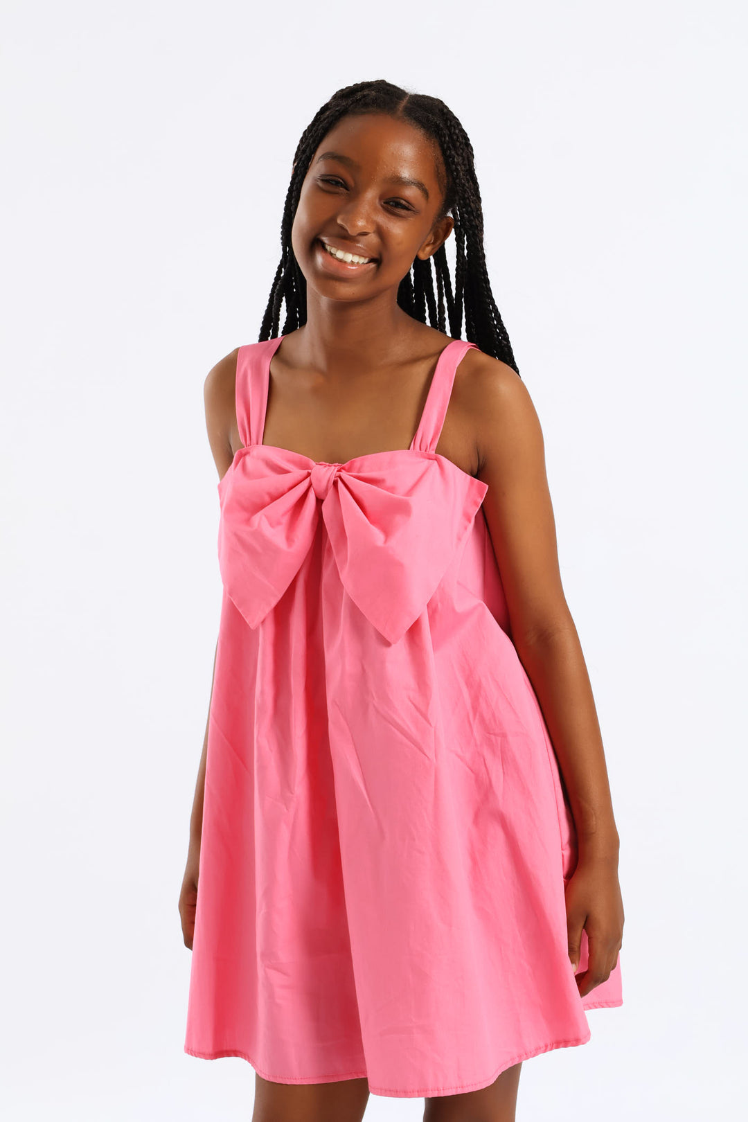 Girls Bow Front Strap Shift Dress - Pink