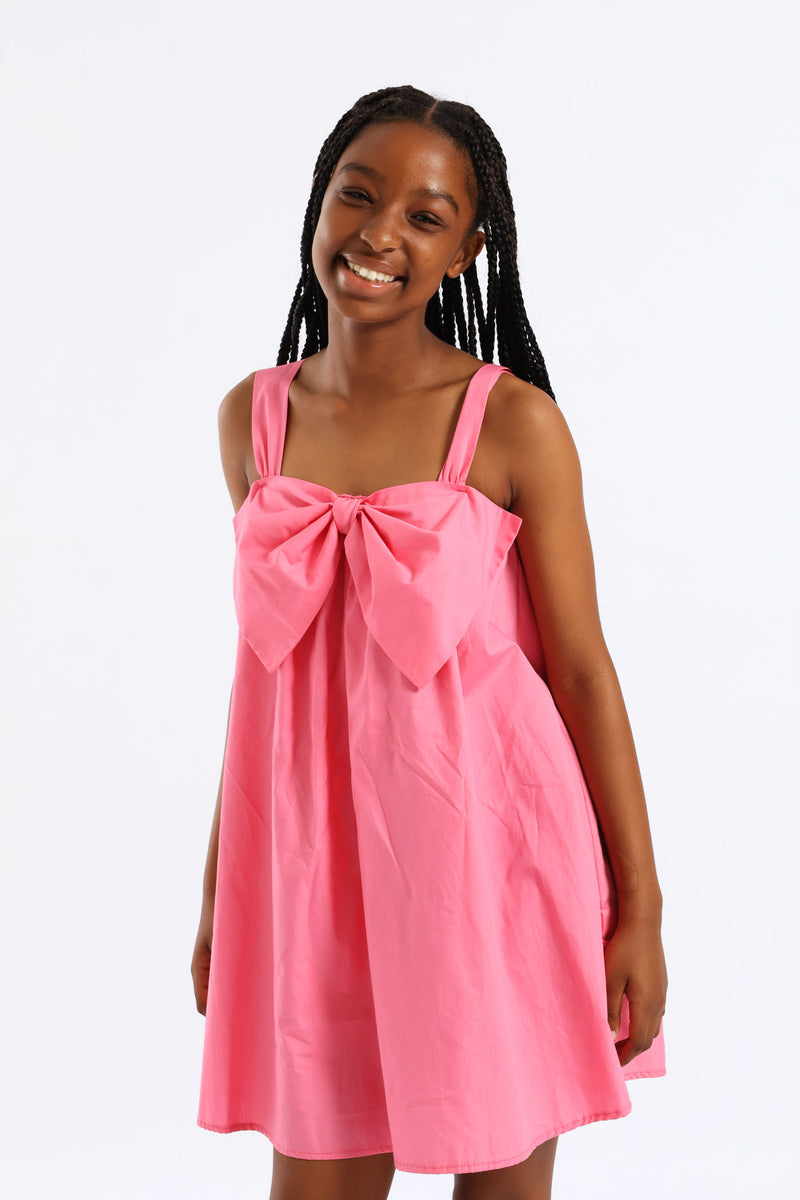 Girls Bow Front Strap Shift Dress - Pink