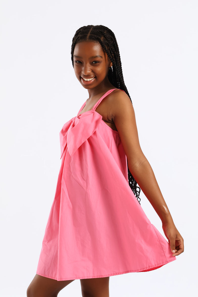 Girls Bow Front Strap Shift Dress - Pink