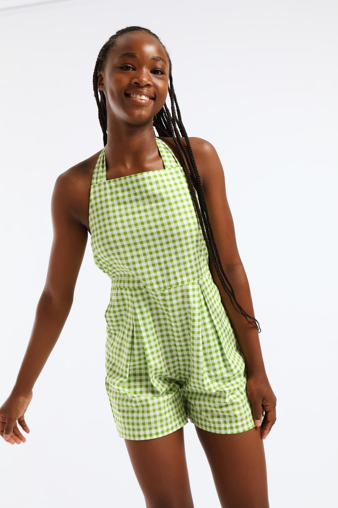 Girls Halter Pleat Front Detail Print Dungaree - Green