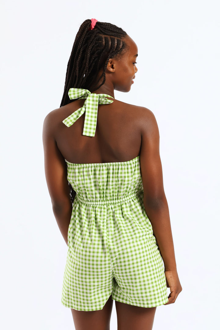 Girls Halter Pleat Front Detail Print Dungaree - Green