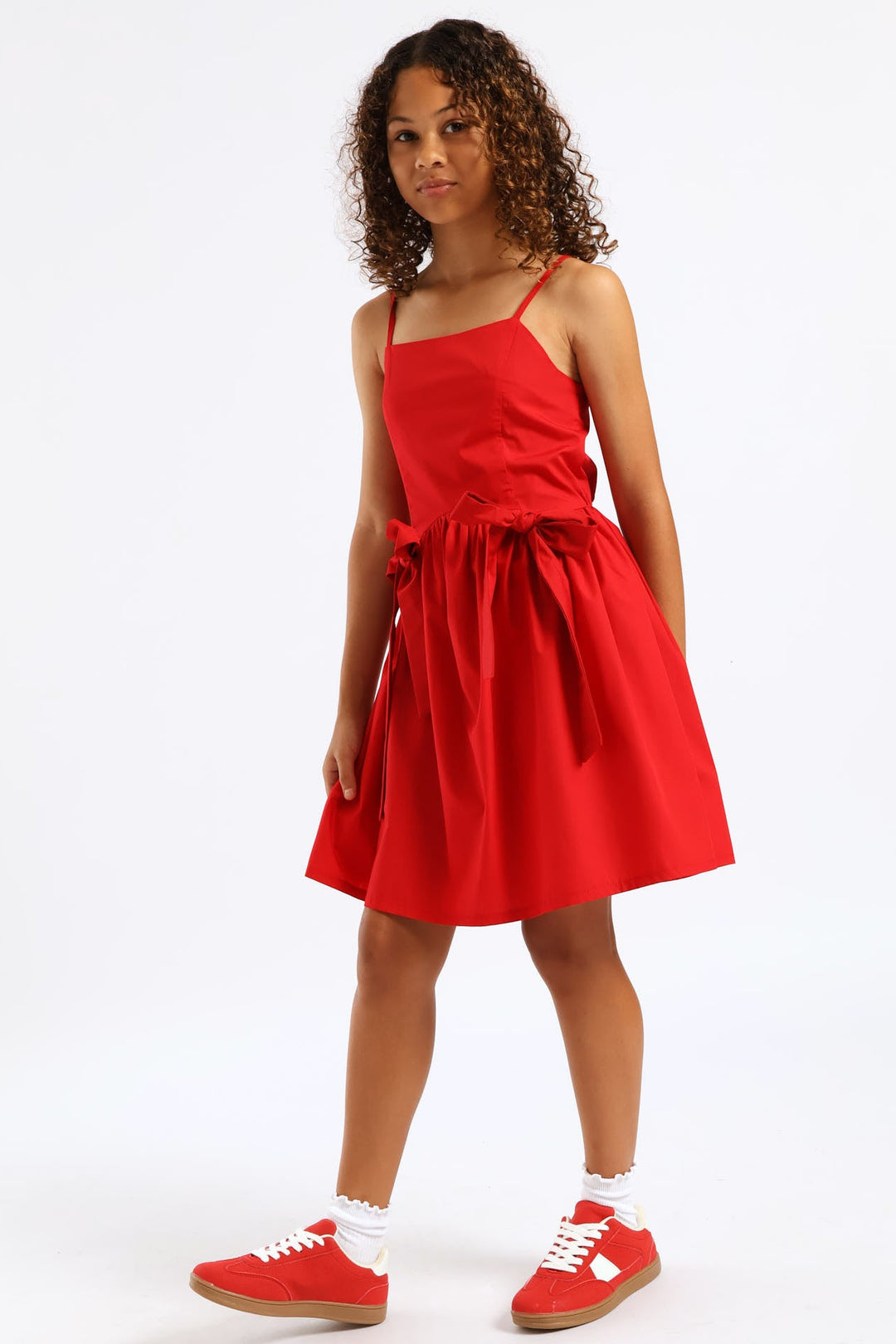 Girls Shaped Waist Bow Detail Strappy Flare Dress - Red