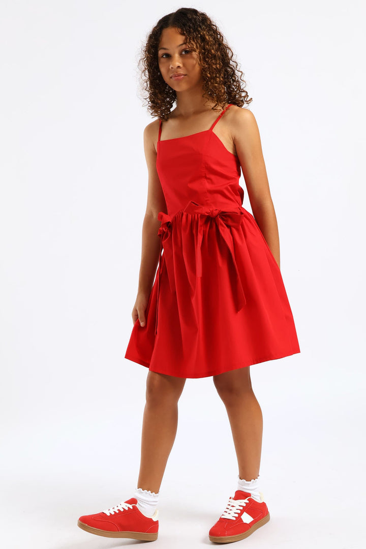 Girls Shaped Waist Bow Detail Strappy Flare Dress - Red