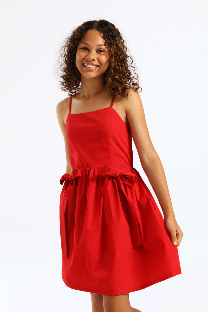 Girls Shaped Waist Bow Detail Strappy Flare Dress - Red