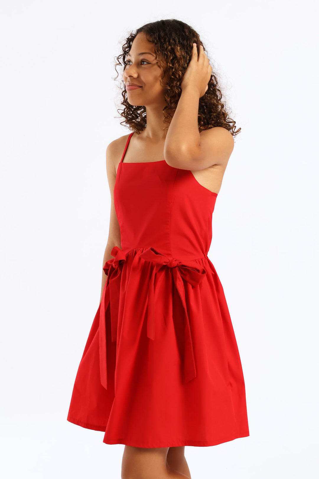 Girls Shaped Waist Bow Detail Strappy Flare Dress - Red