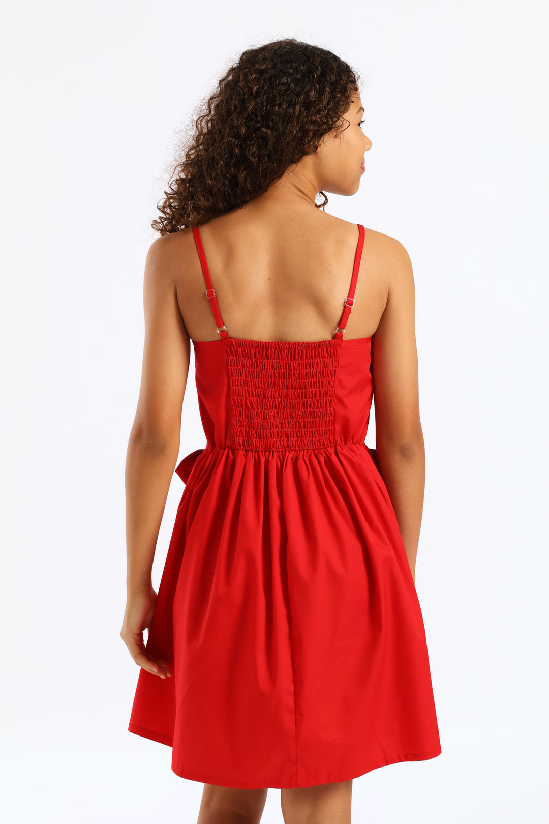 Girls Shaped Waist Bow Detail Strappy Flare Dress - Red