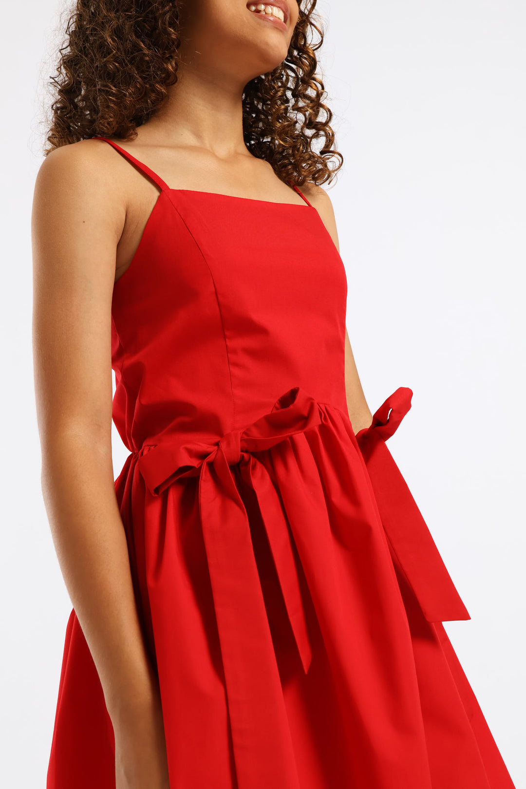 Girls Shaped Waist Bow Detail Strappy Flare Dress - Red