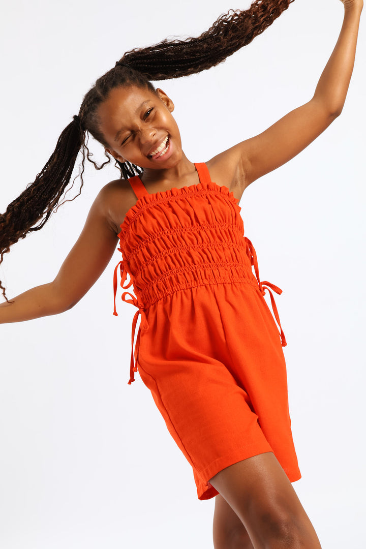 Girls Strappy Shirred Bodice Playsuit - Burnt Orange