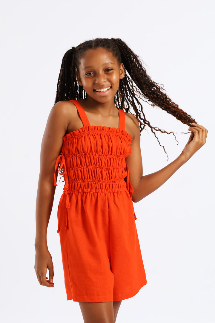 Girls Strappy Shirred Bodice Playsuit - Burnt Orange