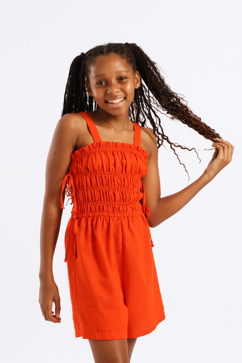 Girls Strappy Shirred Bodice Playsuit - Burnt Orange