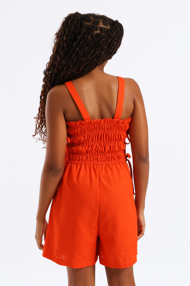 Girls Strappy Shirred Bodice Playsuit - Burnt Orange