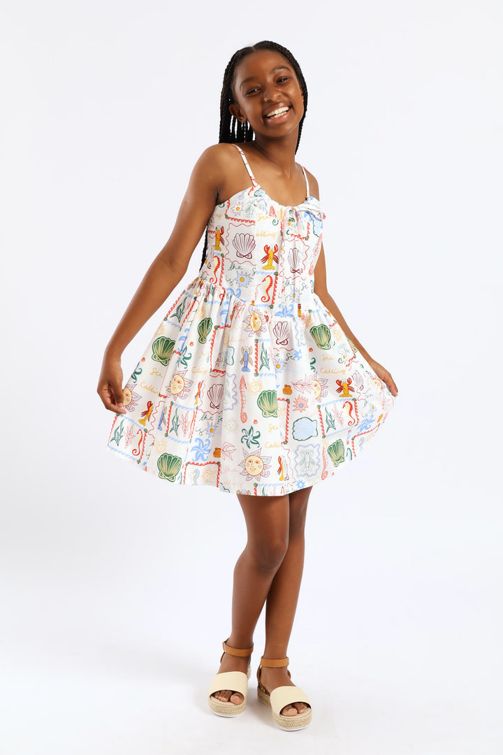 Girls Coastal Pt Fit & Flare Strappy Summer Dress - White