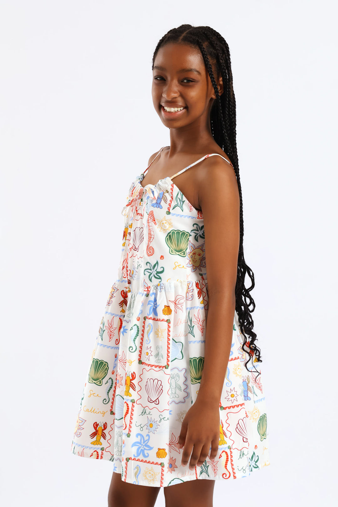 Girls Coastal Pt Fit & Flare Strappy Summer Dress - White