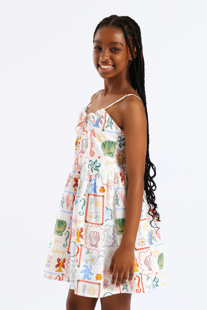 Girls Coastal Pt Fit & Flare Strappy Summer Dress - White