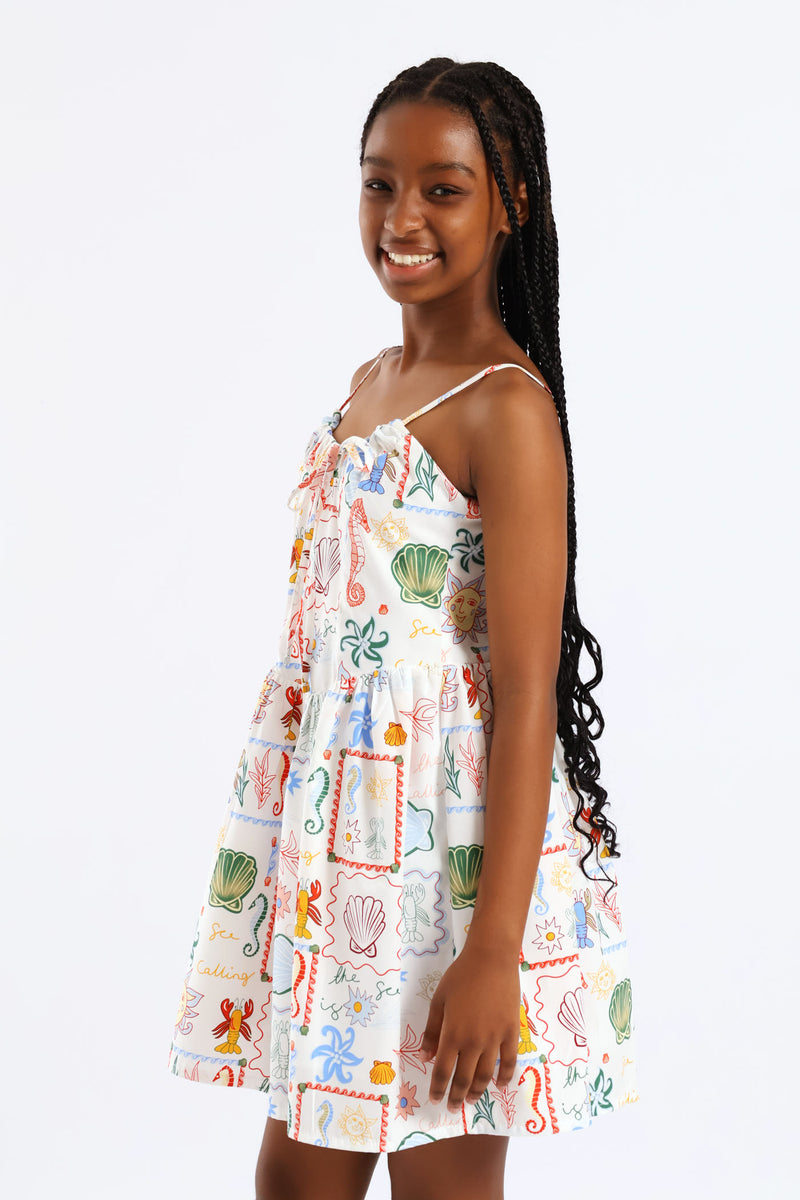 Girls Coastal Pt Fit & Flare Strappy Summer Dress - White