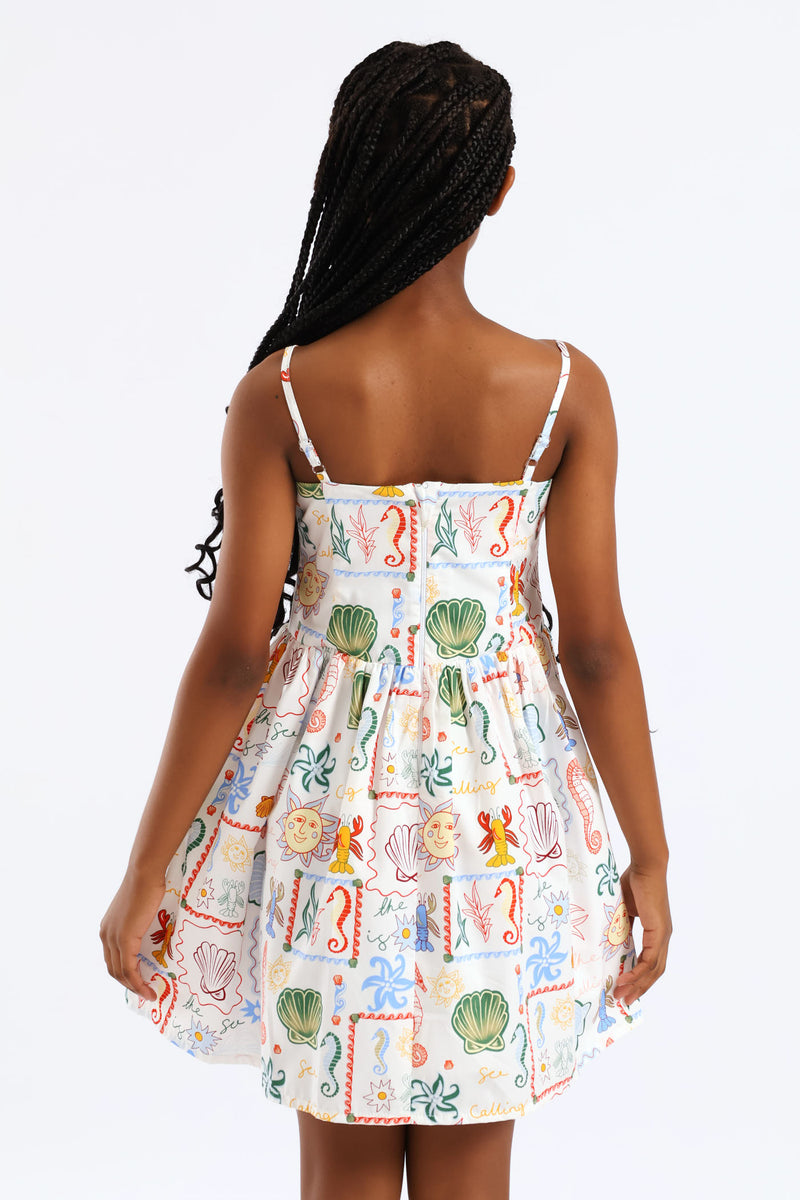 Girls Coastal Pt Fit & Flare Strappy Summer Dress - White