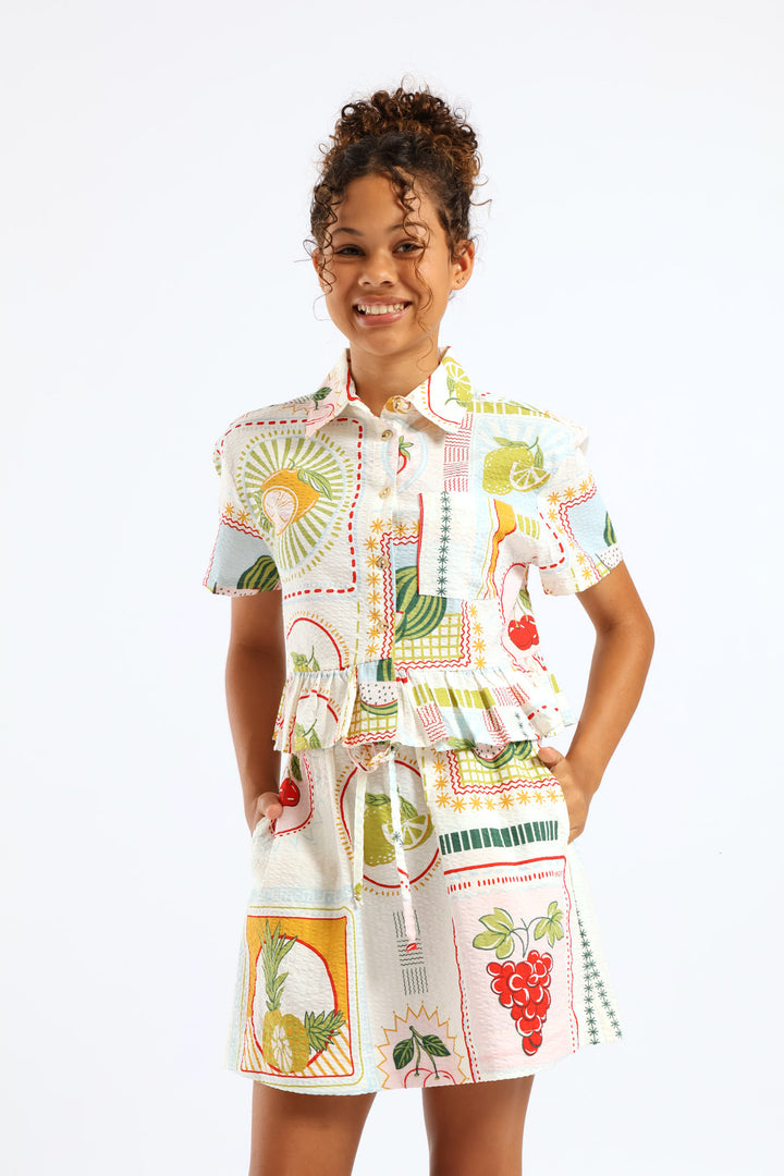 Girls Tropical Print A-Line Seersucker Skirt - Cream