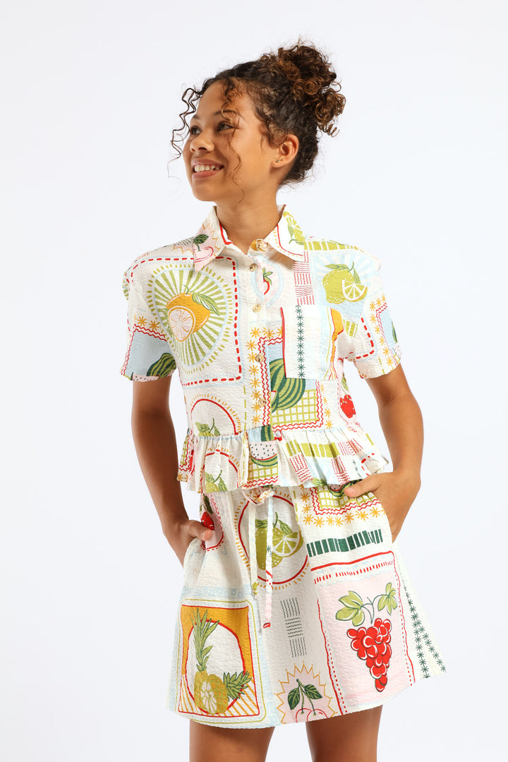 Girls Tropical Print Frill Hem Button Through Seersucker Shirt - Cream