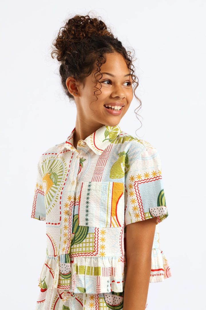 Girls Tropical Print Frill Hem Button Through Seersucker Shirt - Cream