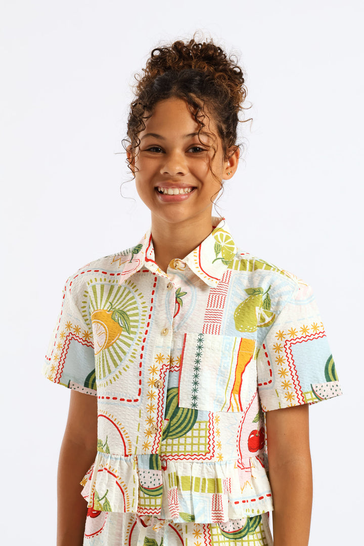 Girls Tropical Print Frill Hem Button Through Seersucker Shirt - Cream