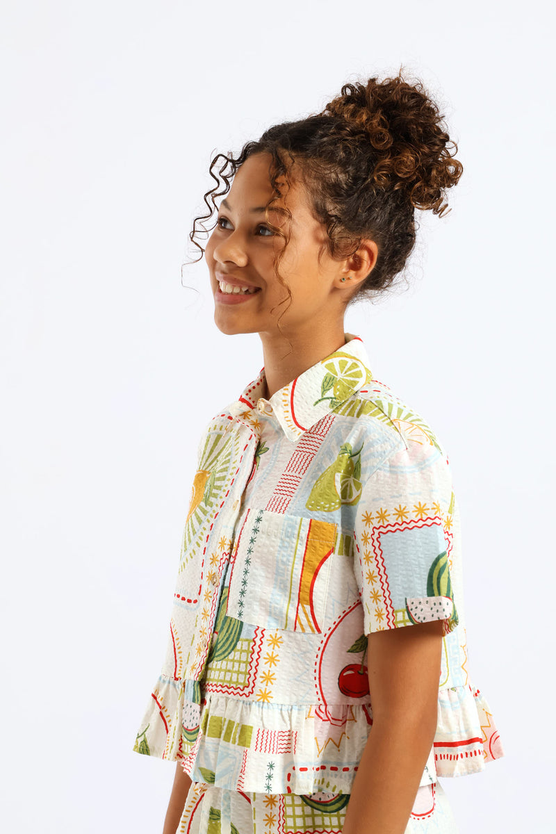 Girls Tropical Print Frill Hem Button Through Seersucker Shirt - Cream