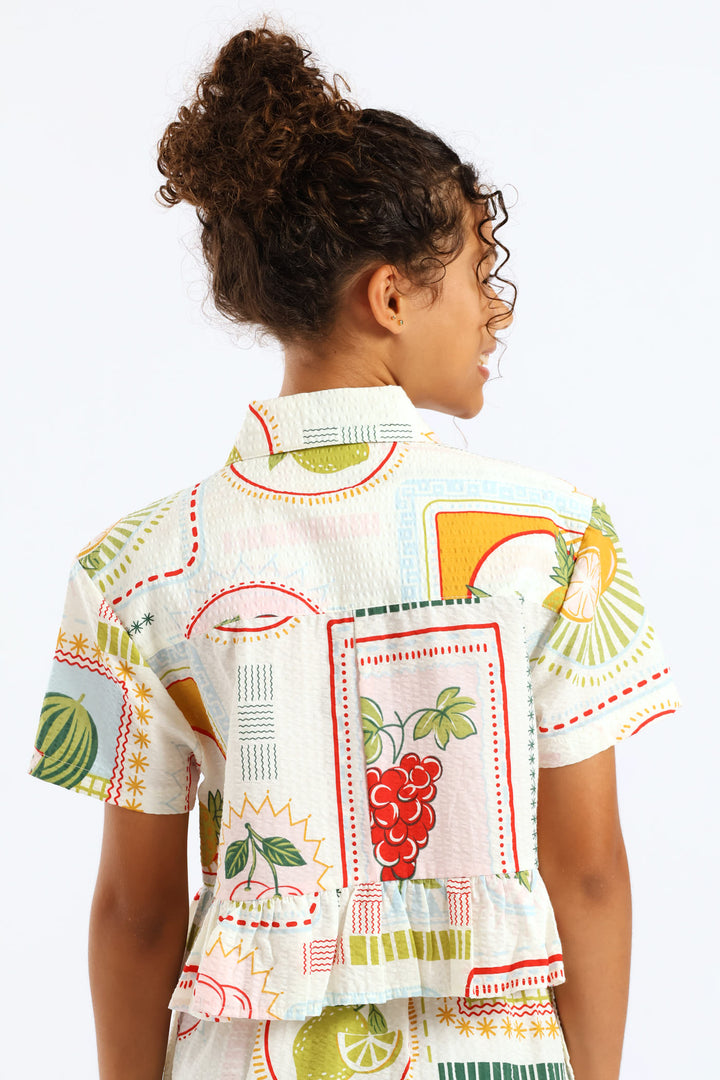 Girls Tropical Print Frill Hem Button Through Seersucker Shirt - Cream