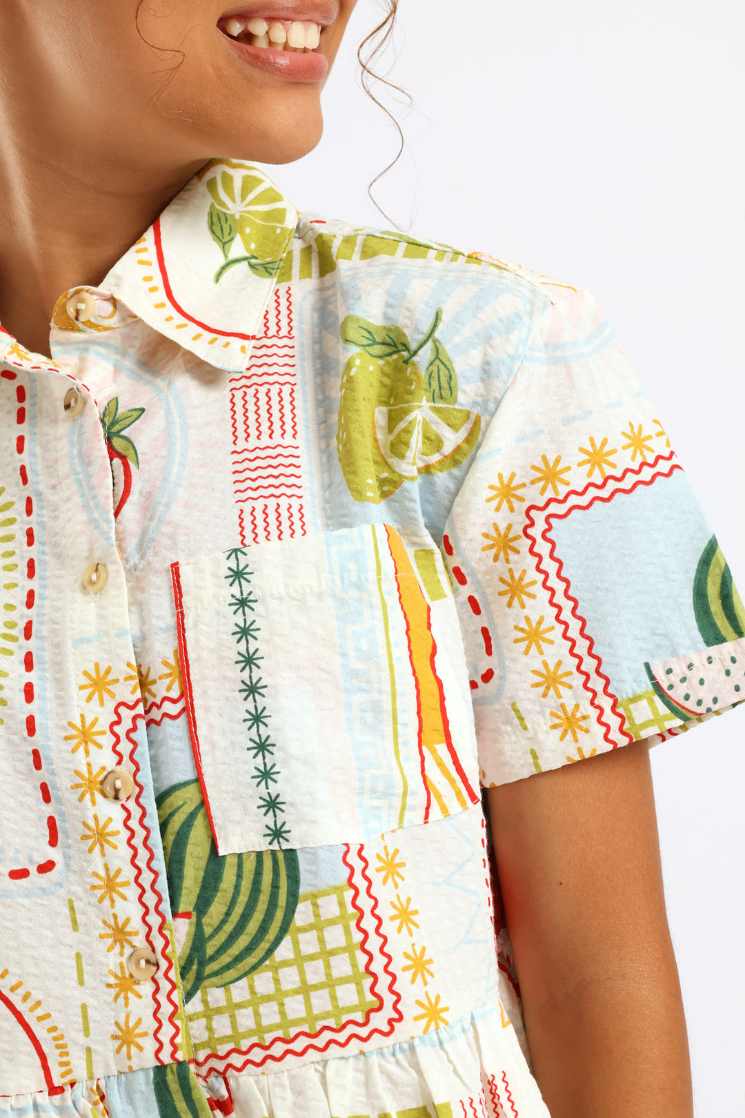 Girls Tropical Print Frill Hem Button Through Seersucker Shirt - Cream