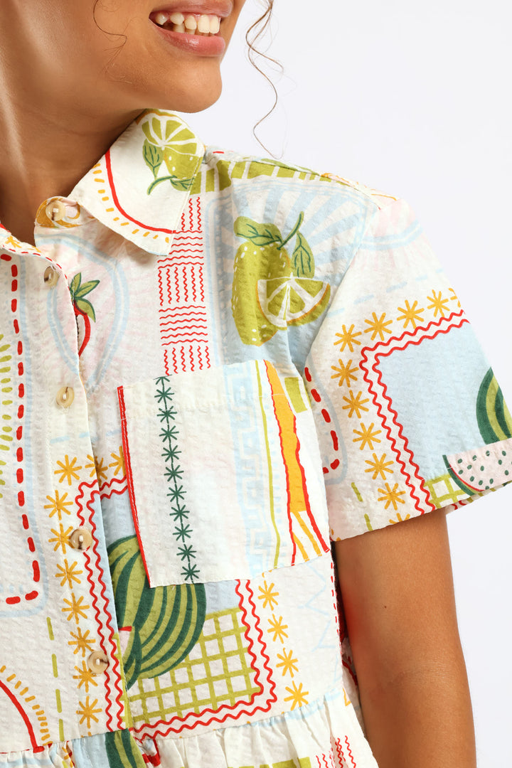 Girls Tropical Print Frill Hem Button Through Seersucker Shirt - Cream