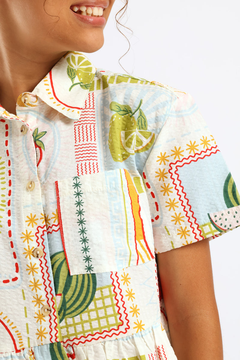 Girls Tropical Print Frill Hem Button Through Seersucker Shirt - Cream