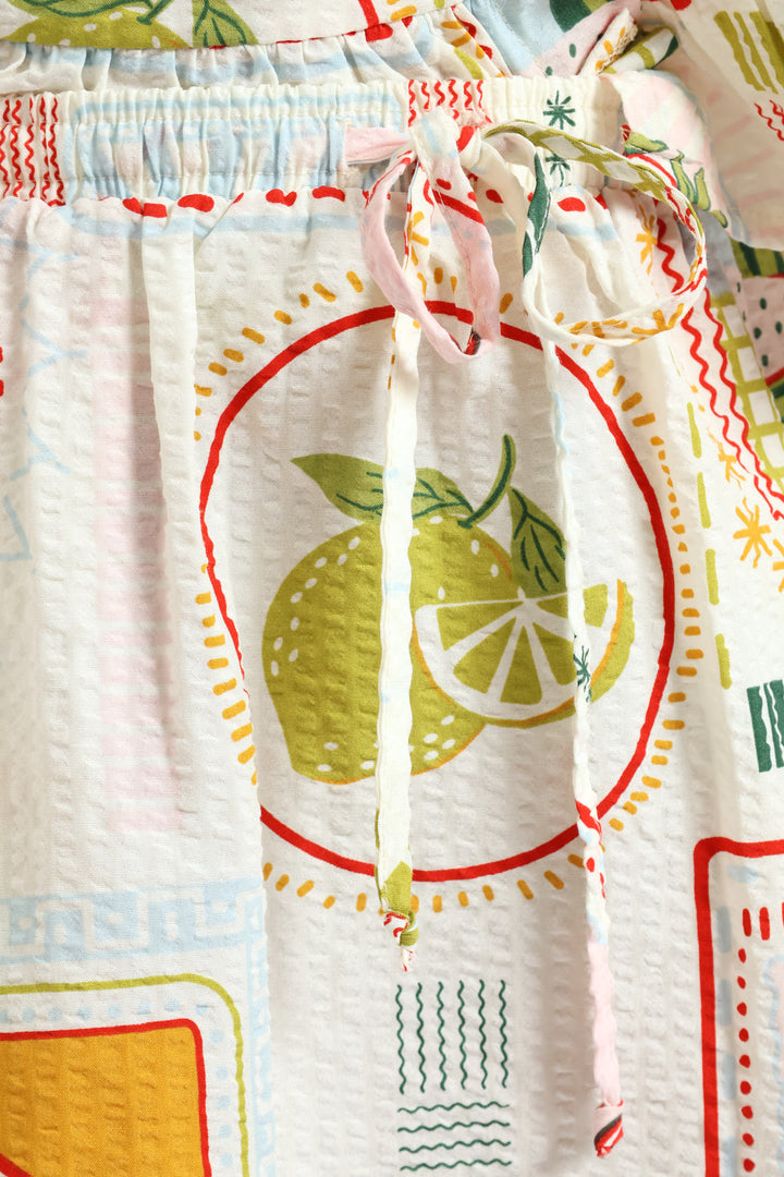 Girls Tropical Print A-Line Seersucker Skirt - Cream