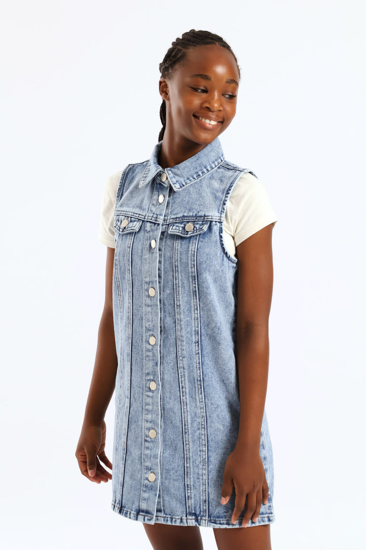 Girls Denim Collared Panel Detail Dress - Mid Blue