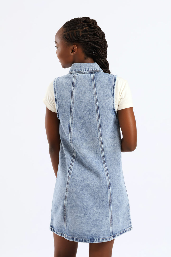 Girls Denim Collared Panel Detail Dress - Mid Blue