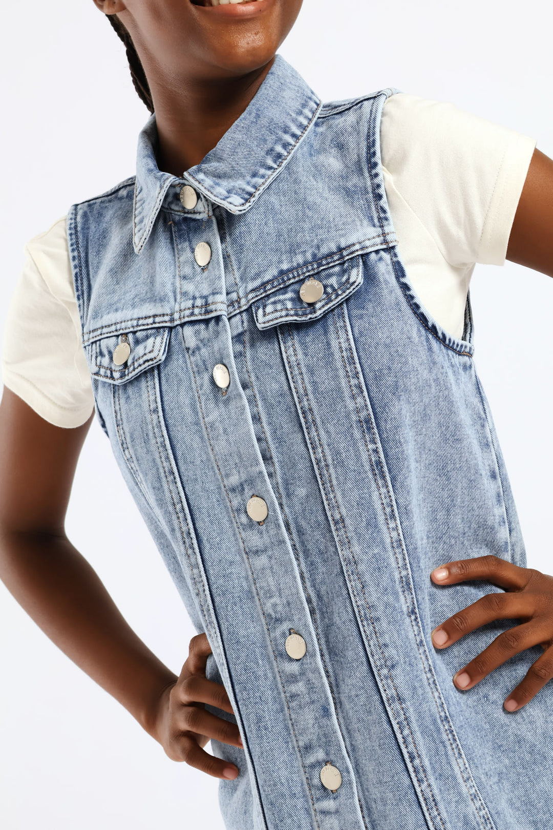Girls Denim Collared Panel Detail Dress - Mid Blue