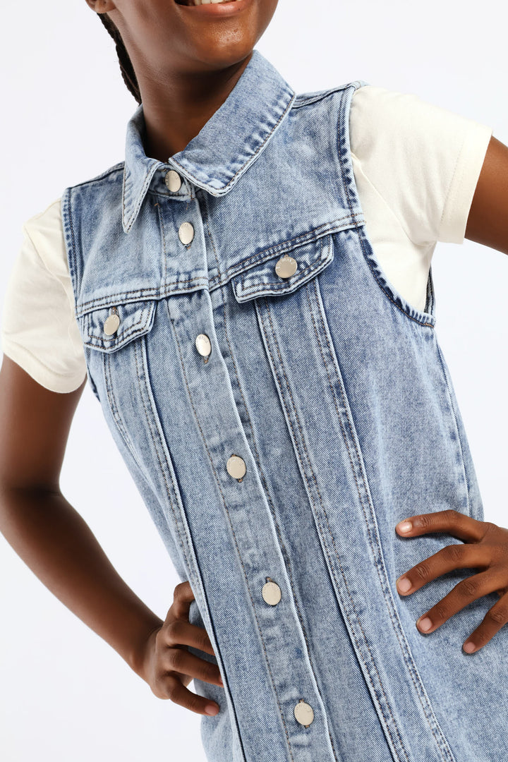 Girls Denim Collared Panel Detail Dress - Mid Blue