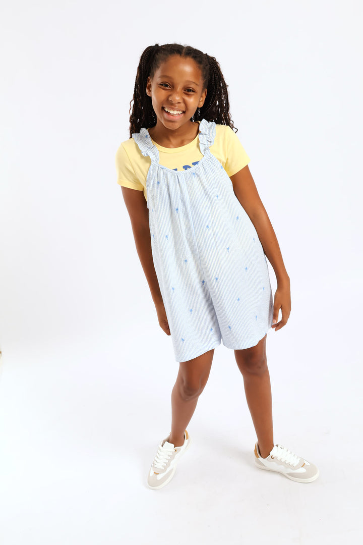 Girls Embroidered Palm Stripe Loose Fit Playsuit - Blue